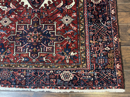 Persian Karajeh Rug 5x6, Antique Heriz Carpet, Geometric, Persian Tribal Rug, Brick Red Navy Blue - Nuvé