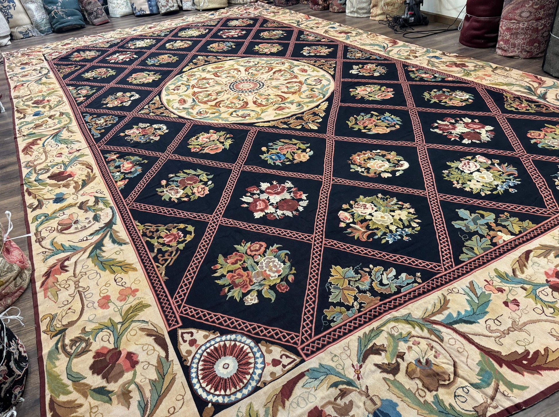 Palace Size Needlepoint Rug 12x20, European French English Aubusson Floral Design, Black and Beige - Nuvé