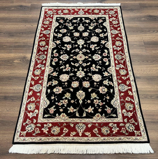 Pak Persian Rug 3x5, Black and Red, Floral Allover, Vintage Hand Knotted Wool Oriental Carpet, Pakistani Rug, Small Handmade Area Rug 3 x 5 - Nuvé