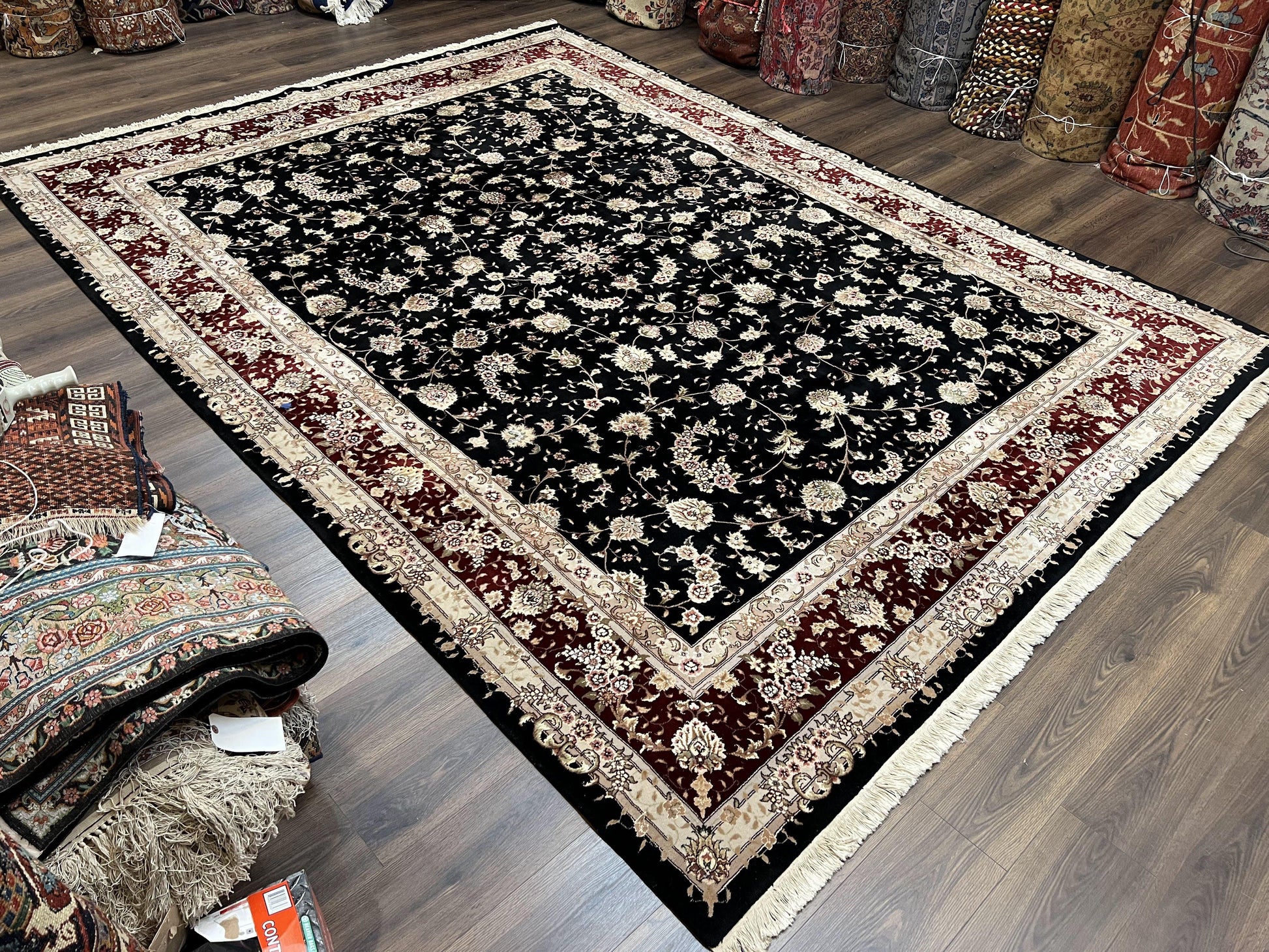 Sino Persian Rug 9x12, High Quality Oriental Carpet, Black and Maroon, Wool and Silk, Allover Floral Pattern, Hand Knotted, Vintage Rug Nice - Nuvé