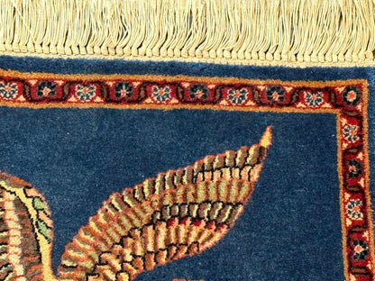 Pictorial Rug of American Flag with Bald Eagle, Small Indo Persian Pictorial Rug, Blue, Handmade, Very Fine 330 KPSI - Nuvé