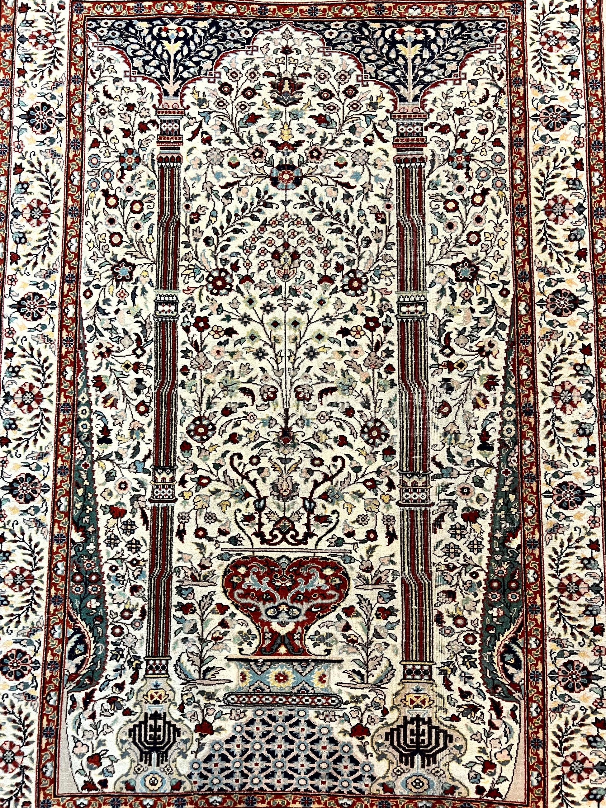 Pak Perisan Prayer Rug 4x6, Tree of LIfe Carpet, Handmade Vintage Wool Rug, Beige, Floral Vases - Nuvé