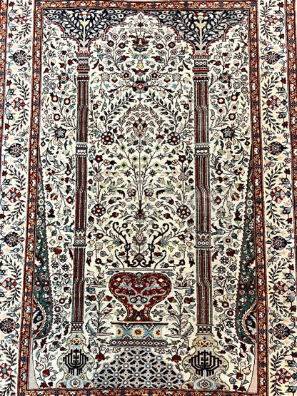 Pak Perisan Prayer Rug 4x6, Tree of LIfe Carpet, Handmade Vintage Wool Rug, Beige, Floral Vases - Nuvé