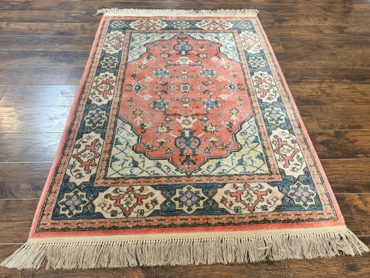 Karastan Rug 4x6 Bergama Design #737, Karastan Area Rug, Vintage Wool Karastan Carpet, Original Collection 700 Series, Salmon Red Light Blue - Nuvé