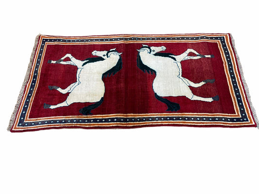 3.5 X 6 Handmade Hand-Knotted New Vintage Rug Quality Wool White Horses Red - Nuvé