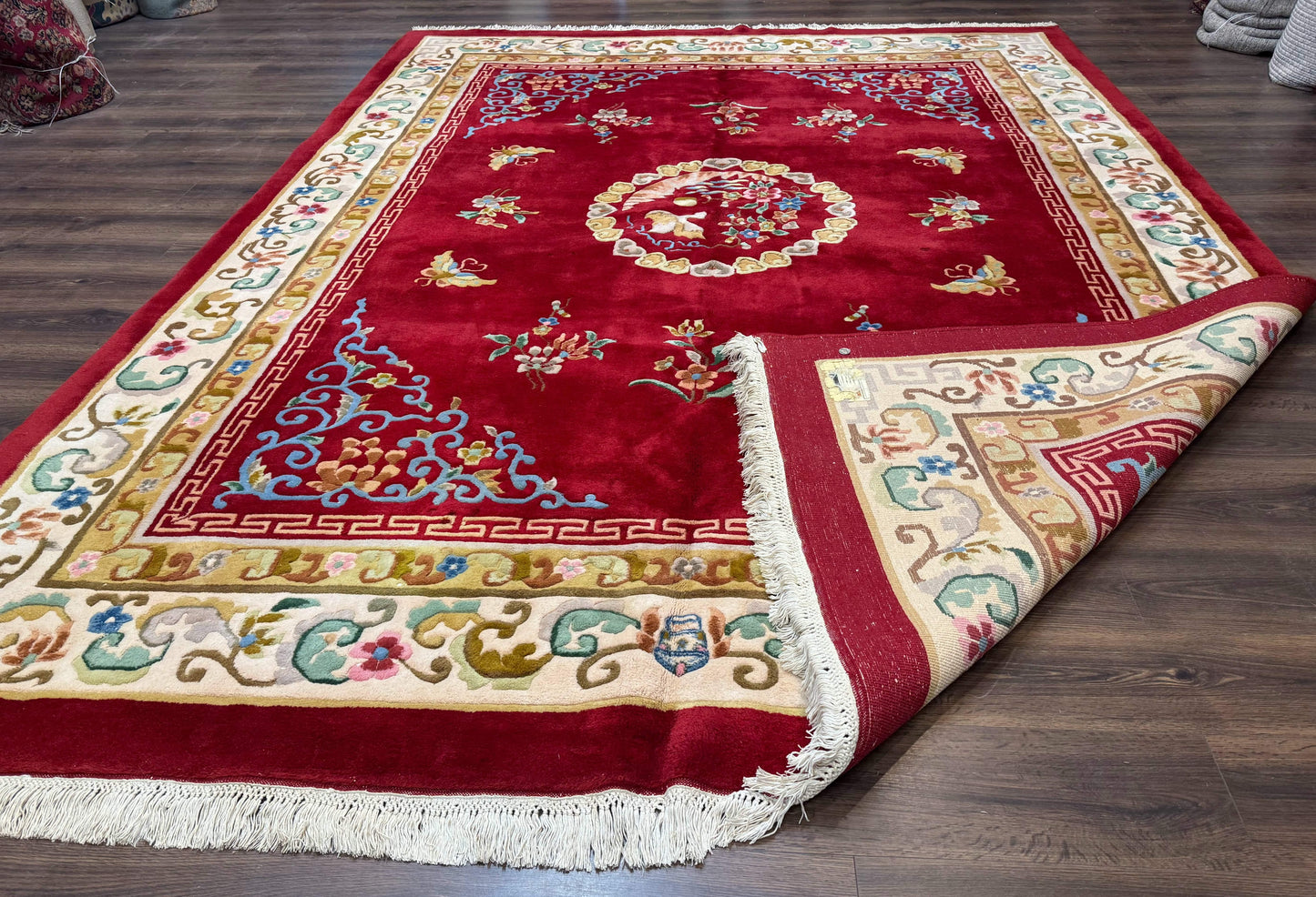 Indo Chinese Wool Rug 9x12, Red Art Deco Carpet, Vintage - Nuvé