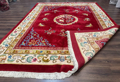 Indo Chinese Wool Rug 9x12, Red Art Deco Carpet, Vintage - Nuvé