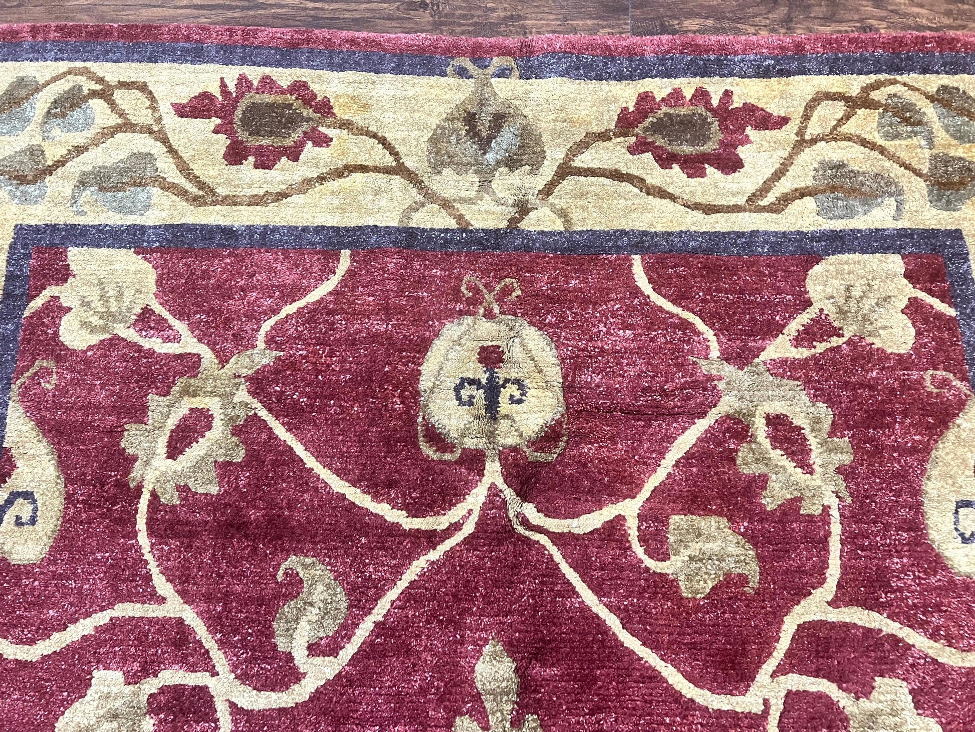 Tibetan Aubusson Rug 8x10, Maroon and Beige, Floral, Handmade, Wool, Vintage, Traditional Rug - Nuvé
