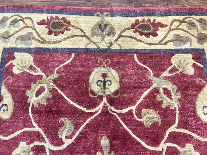 Tibetan Aubusson Rug 8x10, Maroon and Beige, Floral, Handmade, Wool, Vintage, Traditional Rug - Nuvé