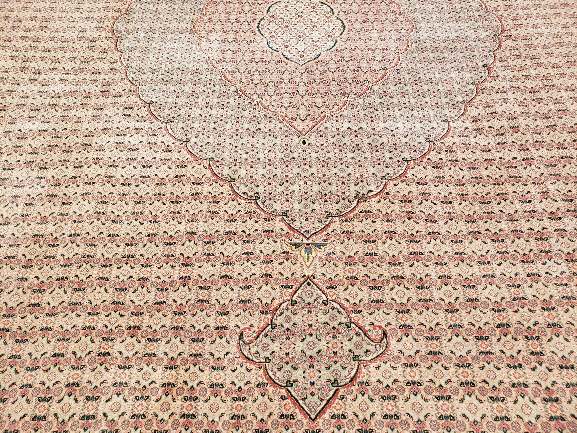 Stunning Oversized Sino Persian Oriental Rug 12x15, Hand Knotted Wool & Silk Palace Sized Carpet, Mahi Pattern, Very Fine, Peach Beige, Wow - Nuvé