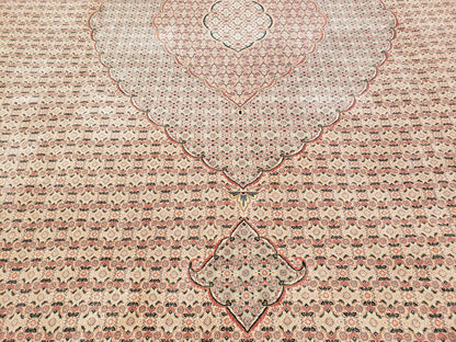 Stunning Oversized Sino Persian Oriental Rug 12x15, Hand Knotted Wool & Silk Palace Sized Carpet, Mahi Pattern, Very Fine, Peach Beige, Wow - Nuvé