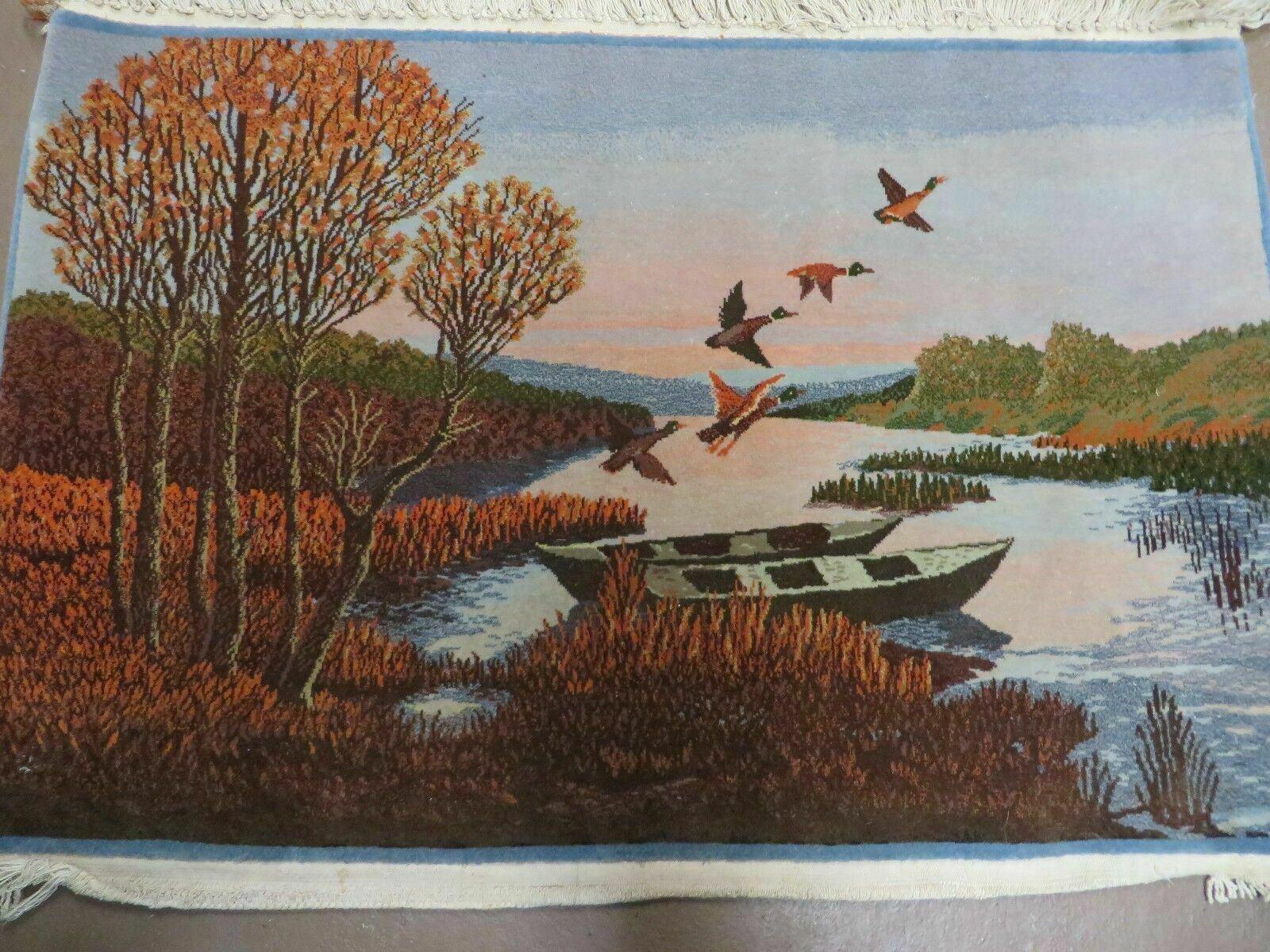 2' X 3' Vintage Handmade Pakistan Pictorial Rug Carpet Scenery Bird Tree Wow - Nuvé