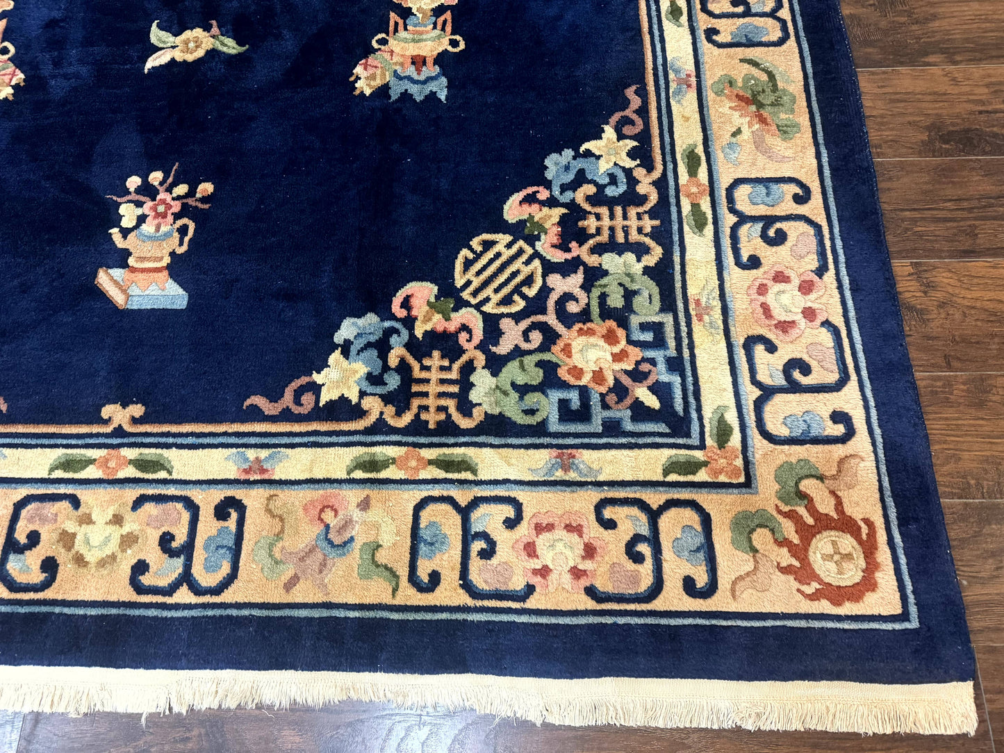 Chinese Wool Rug 8x11, Navy Blue and Beige, Simple Design, Fete Carpet - Nuvé