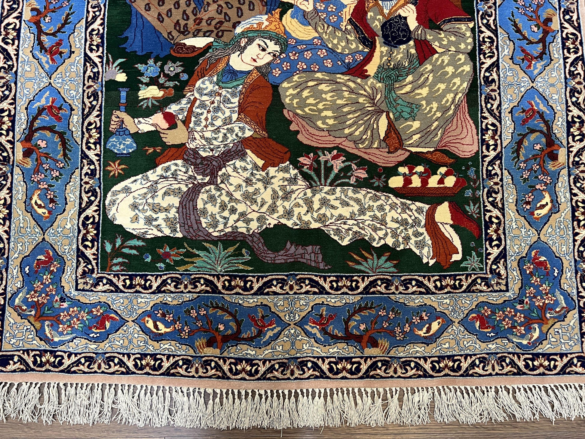 Fine Persian Isfahan Pictorial Rug 3.7 x 5, Kork Wool on Silk Foundation, Blue Persian Carpet, Hand Knotted, Humans Birds, High KPSI, Semi Antique - Nuvé