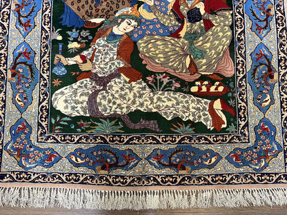 Fine Persian Isfahan Pictorial Rug 3.7 x 5, Kork Wool on Silk Foundation, Blue Persian Carpet, Hand Knotted, Humans Birds, High KPSI, Semi Antique - Nuvé