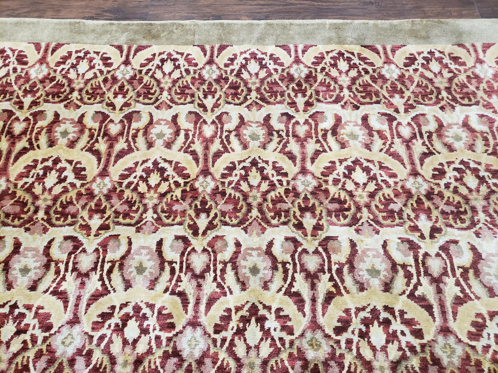 Contemporary Indian Nepalese Room Sized Rug 9 x 11.6, Wool Hand-Knotted Dark Red & Beige Soft Carpet, 9 x 12 Masterloom Living Room Rug - Nuvé