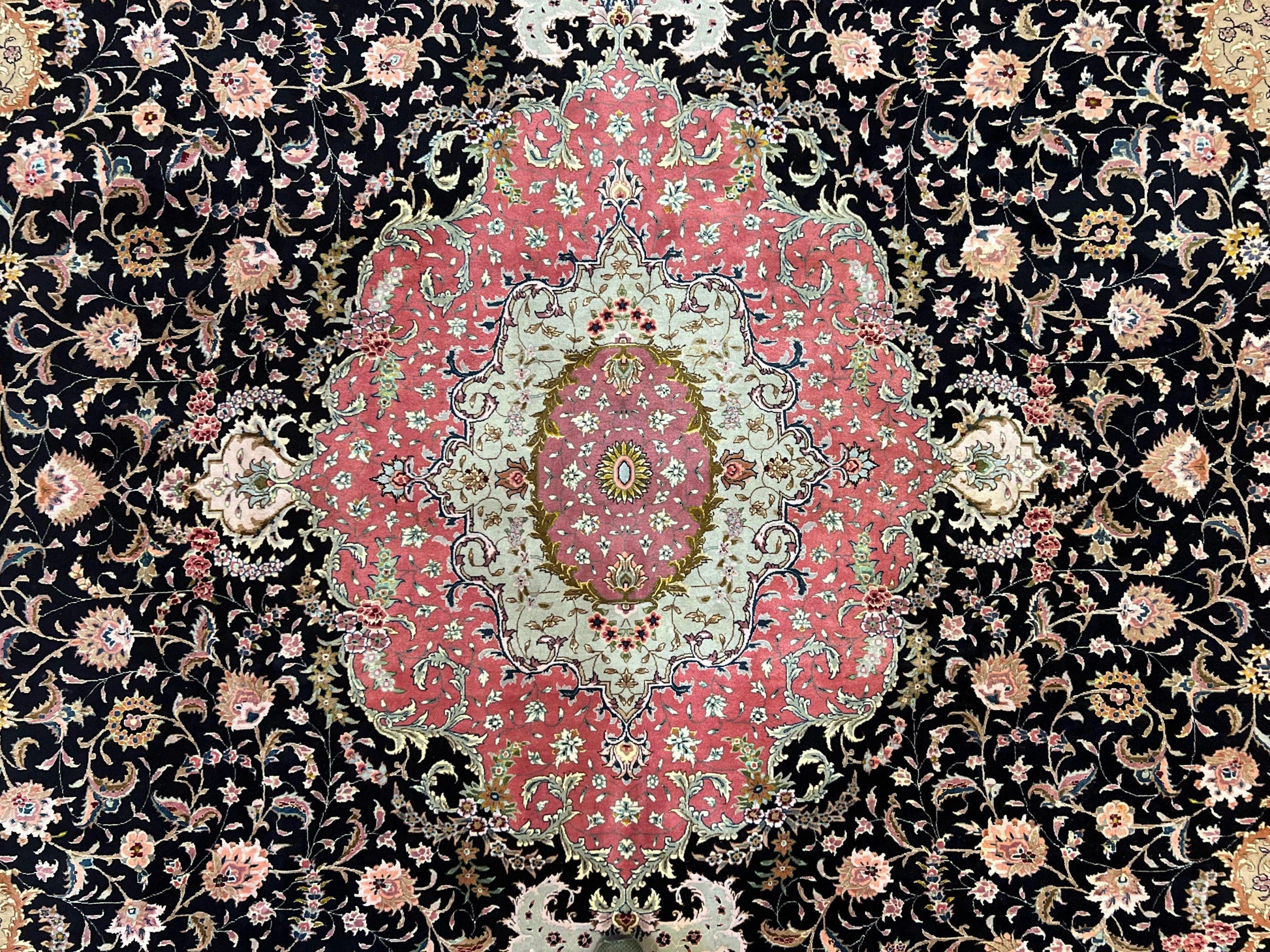 Magnificent Persian Tabriz Rug 11x16, Oversized Persian Carpet 11 x 16 ft, Wool on Silk Finely Hand Knotted, 450 KPSI, Floral Medallion, Black Pink - Nuvé