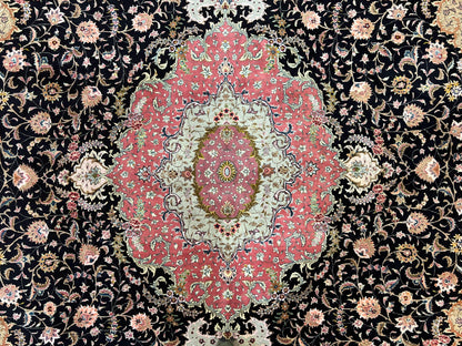 Magnificent Persian Tabriz Rug 11x16, Oversized Persian Carpet 11 x 16 ft, Wool on Silk Finely Hand Knotted, 450 KPSI, Floral Medallion, Black Pink - Nuvé