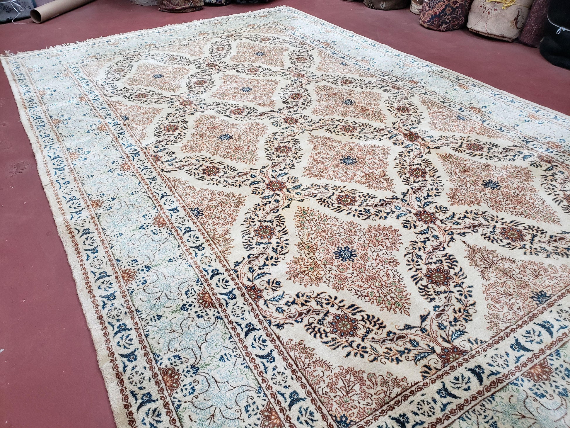 Fine Antique Persian Light Colored Kashan Carpet, 7x12, Top Quality, Rare, Ivory & Blues, Hand-Knotted, Wool - Nuvé
