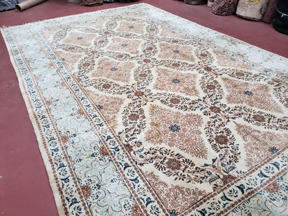 Fine Antique Persian Light Colored Kashan Carpet, 7x12, Top Quality, Rare, Ivory & Blues, Hand-Knotted, Wool - Nuvé