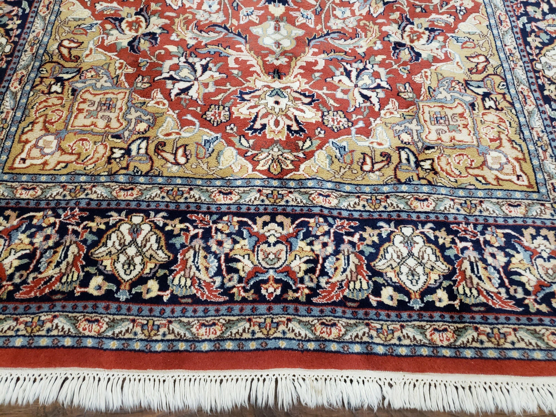 Vintage Indo Persian Oriental Rug 6 x 9.6, Wool Hand-Knotted Red Dark Blue & Gold Indian Carpet, 6 x 9 Office Room Rug, Floral Medallion - Nuvé