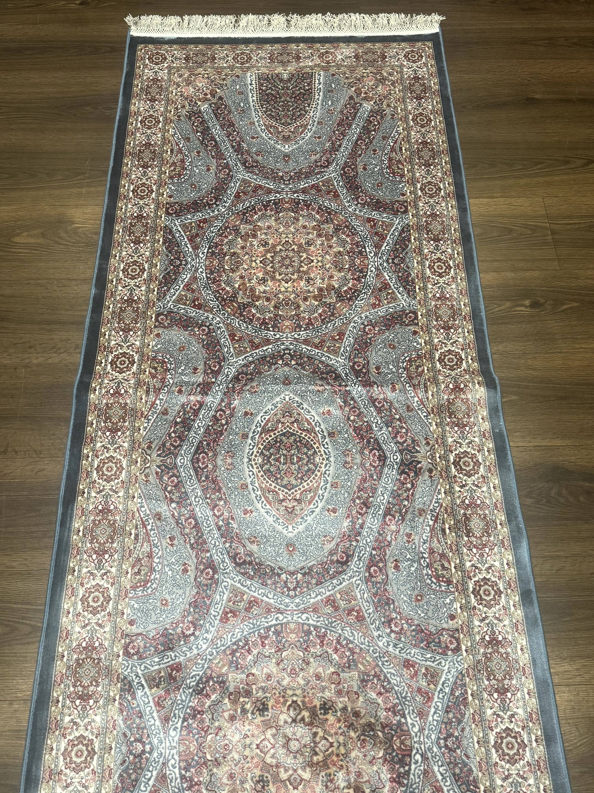 Turkish Silk Runner Rug 2.6 x 13, Blue Runner Rug, Dome Design, Bamboo Silk, New - Nuvé