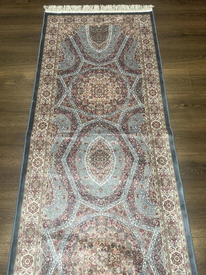 Turkish Silk Runner Rug 2.6 x 13, Blue Runner Rug, Dome Design, Bamboo Silk, New - Nuvé