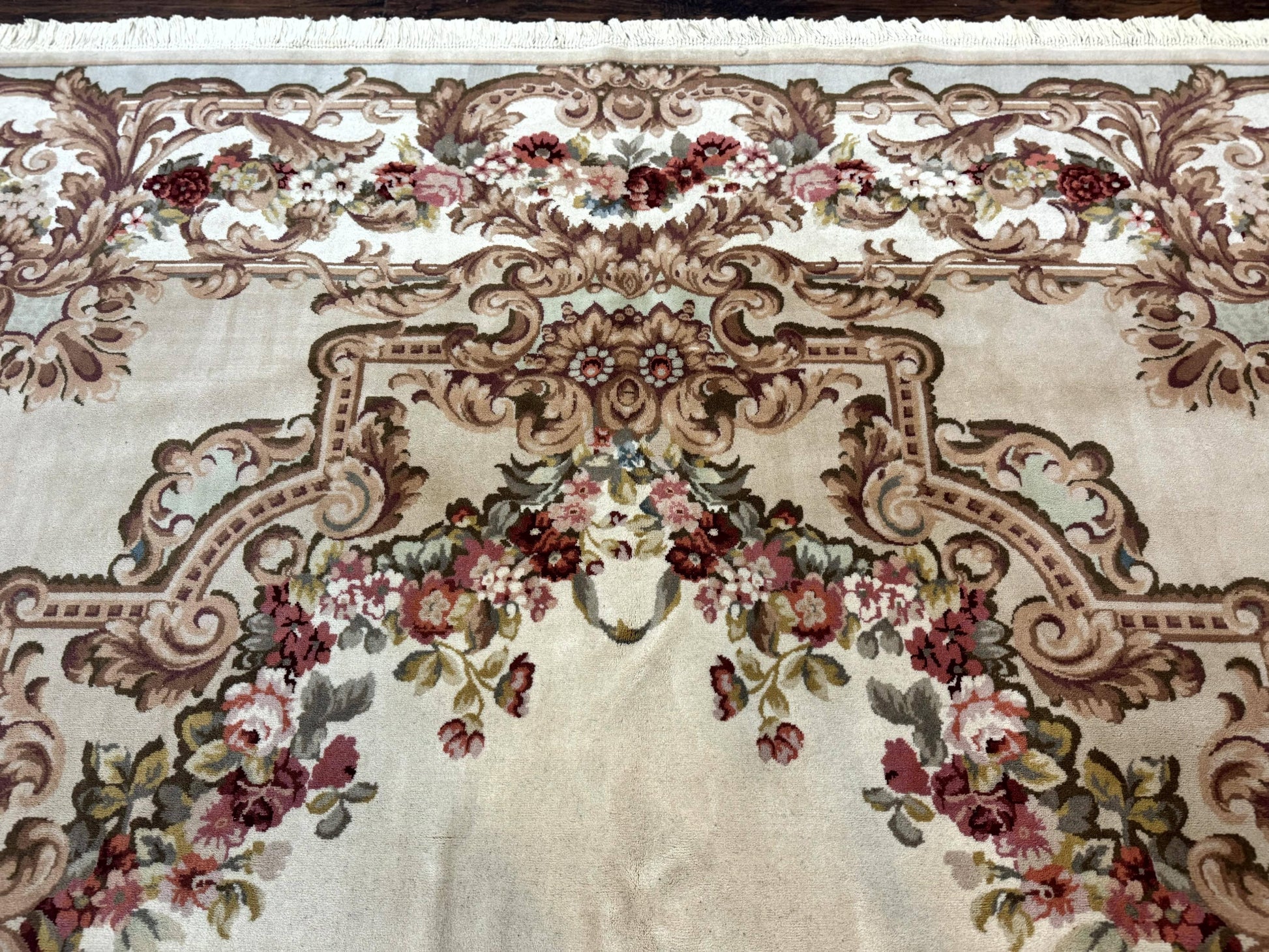 Aubusson Rug 8x12, European French Savonnerie Design, Thick Wool Pile, Elegant Rug, Cream Beige Light Green - Nuvé