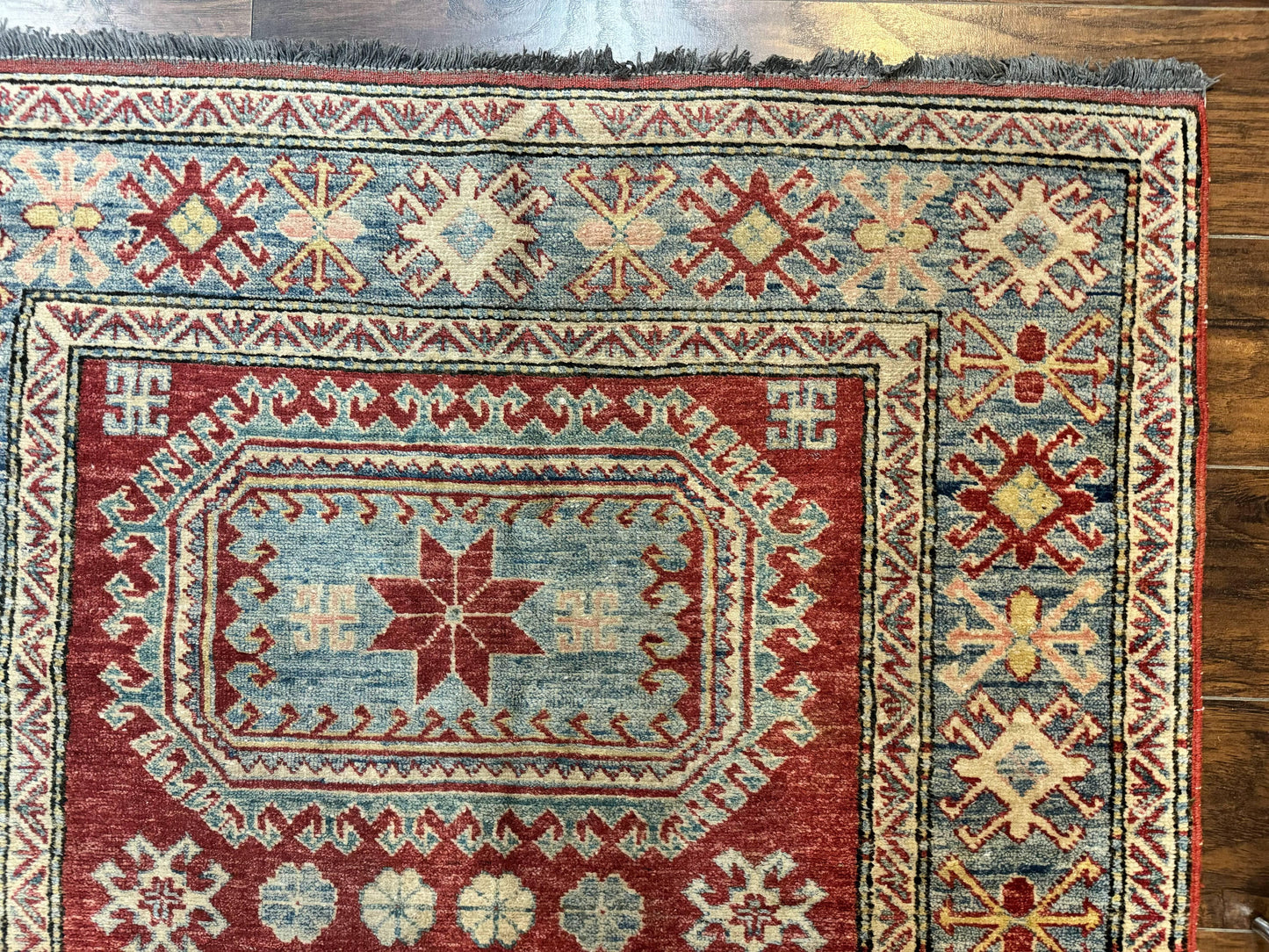 Turkish Kazak Rug 4x6, Handmade Vintage Wool Carpet, Geometric Design, Red and Light Blue - Nuvé