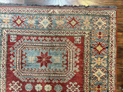 Turkish Kazak Rug 4x6, Handmade Vintage Wool Carpet, Geometric Design, Red and Light Blue - Nuvé