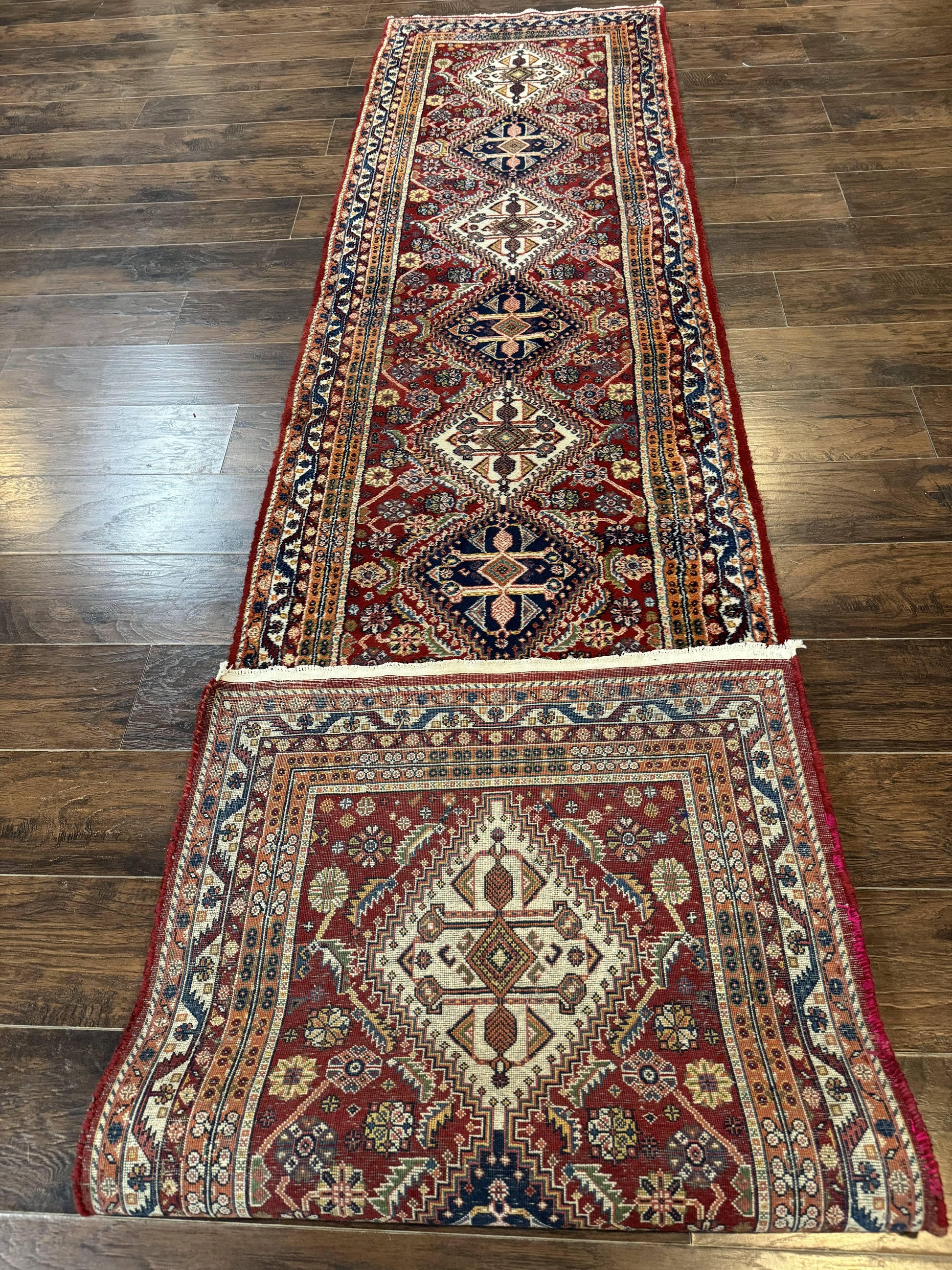 Antique Persian Qashqai Runner Rug 3 x 13 ft, Tribal Runner, Geometric Medallions, Red Ivory Blue, Wool - Nuvé