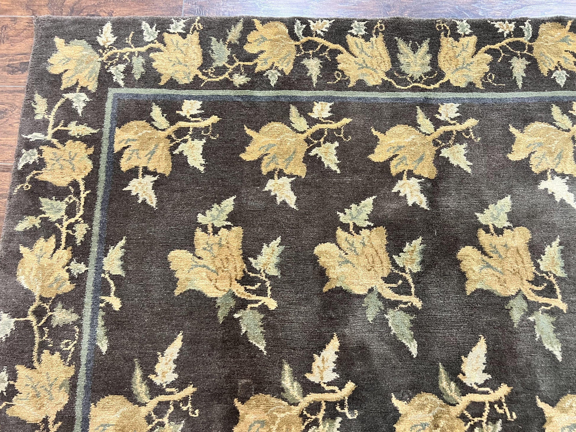Tibetan Nepal Rug 6x9, Wool Hand Knotted Vintage Carpet 6 x 9, Dark Green & Golden Yellow, Floral Bouquets - Nuvé
