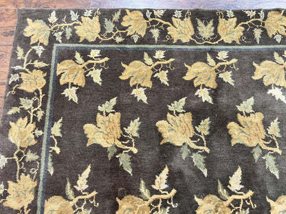 Tibetan Nepal Rug 6x9, Wool Hand Knotted Vintage Carpet 6 x 9, Dark Green & Golden Yellow, Floral Bouquets - Nuvé