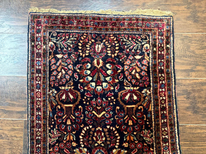 Small Navy Blue Persian Rug 2x4, Sarouk Rug, Rare Colors, Antique 1920s Wool Rug