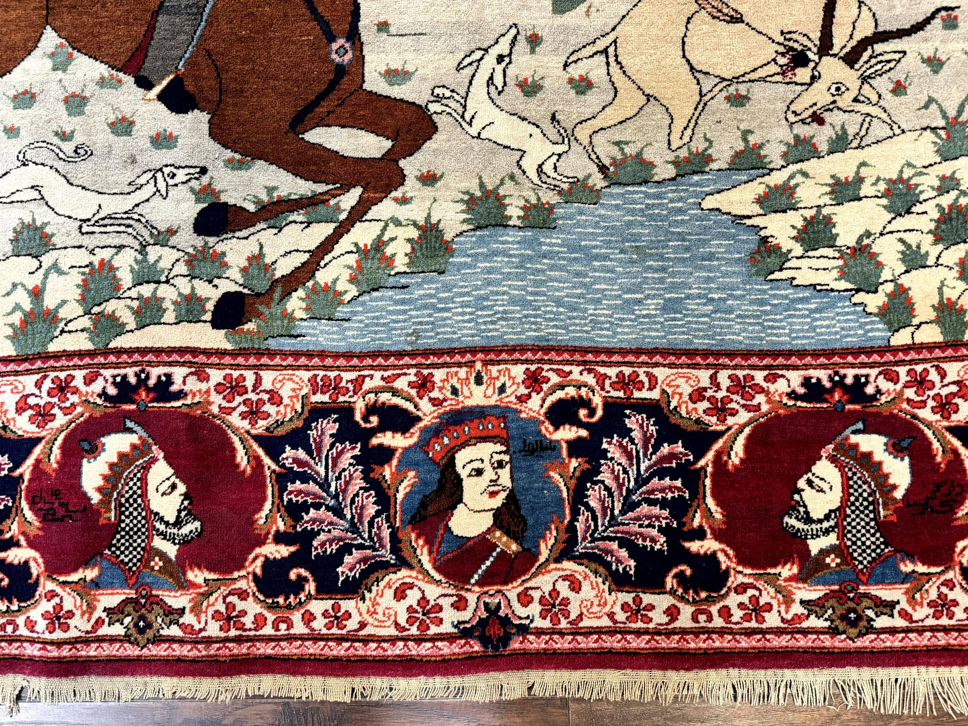 Rare Persian Kashan Pictorial Rug 6x9, King Bahram Hunting Scene, Persian Kings, Hand Knotted Persian Rug for Wall Hanging, Antique, Wool - Nuvé