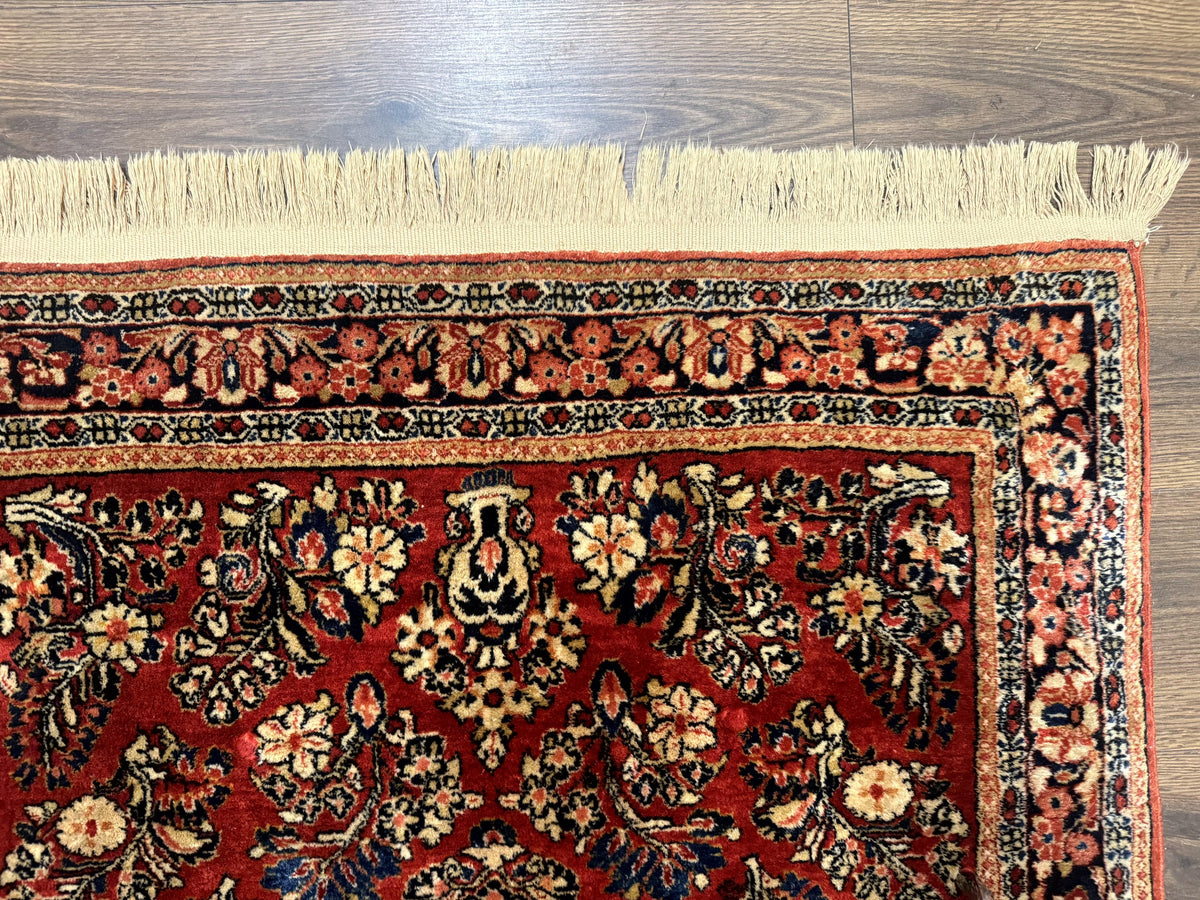Antique Persian Sarouk Rug 3x5, Red, Floral, 200 KPSI