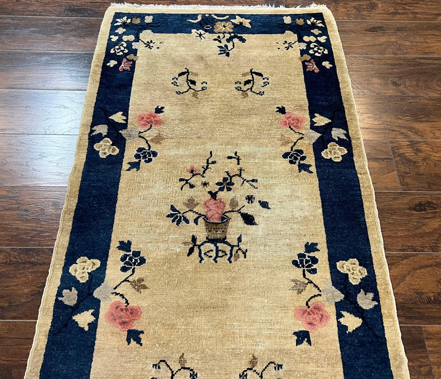 Antique Chinese Peking Rug 3x6, Beige and Dark Blue Hand Knotted Handmade Asian Oriental Carpet, Floral Vases, Vintage Wool Art Deco Rug - Nuvé