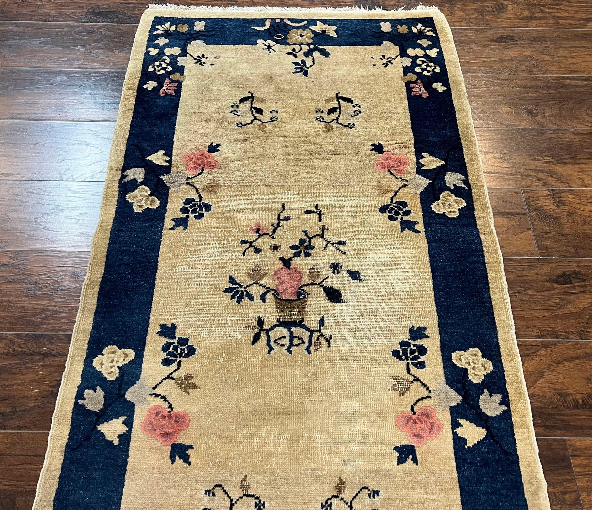Antique Chinese Peking Rug 3x6, Beige and Dark Blue Hand Knotted Handmade Asian Oriental Carpet, Floral Vases, Vintage Wool Art Deco Rug - Nuvé