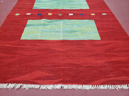 Red Turkish Kilim Rug, 5x7 - 6x8 Rugs, Red and Green Kilim Carpet, Kilim Area Rugs, Flatweave No Pile Rug, New Turkish Rug, Handmade Kilim - Nuvé
