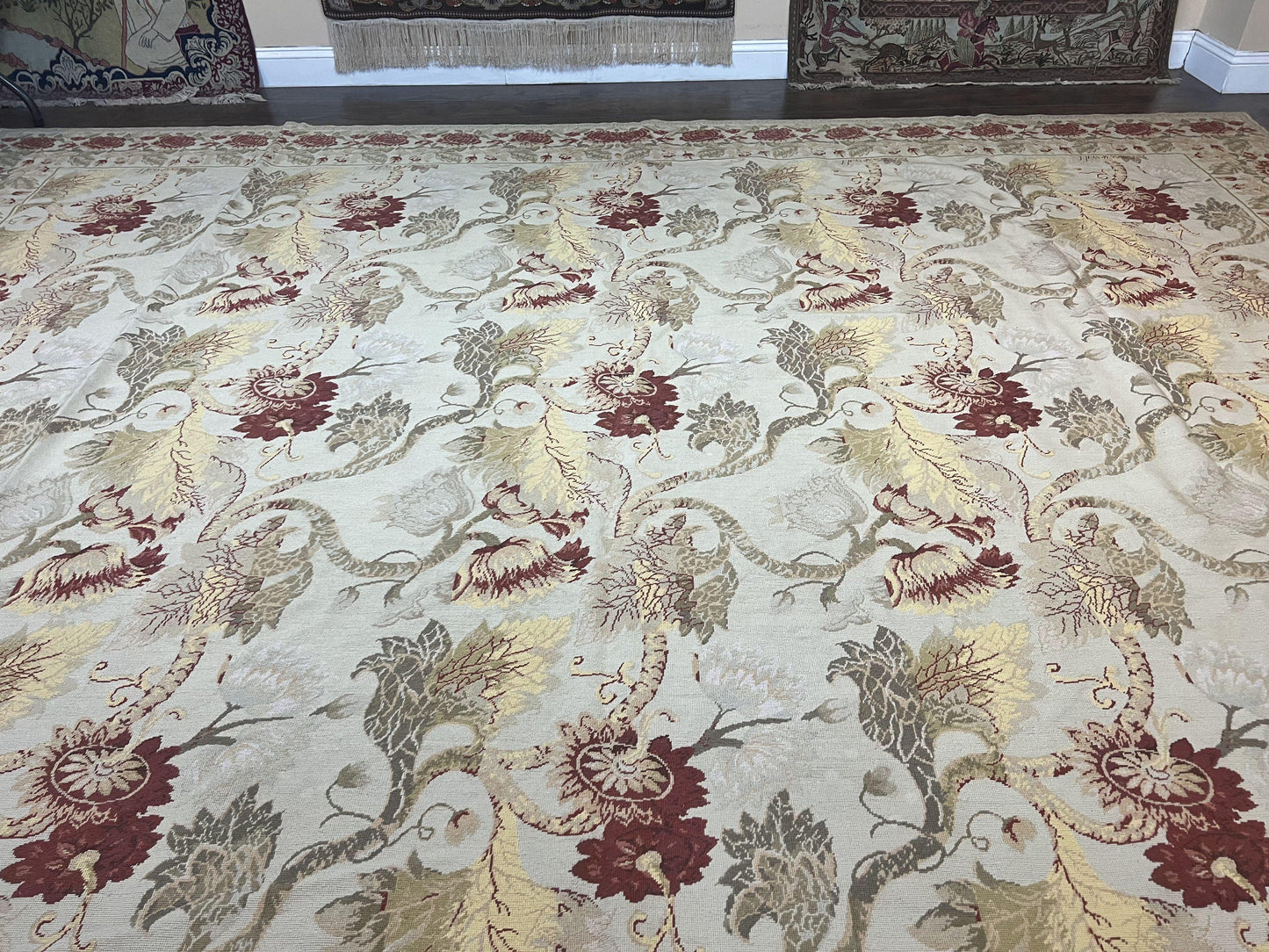 Extra Large Needlepoint Rug 14 x 20, Vintage Handwoven Handmade Wool Flatweave Carpet, Allover Floral Pattern, Elegant European Deisgn Rug - Nuvé