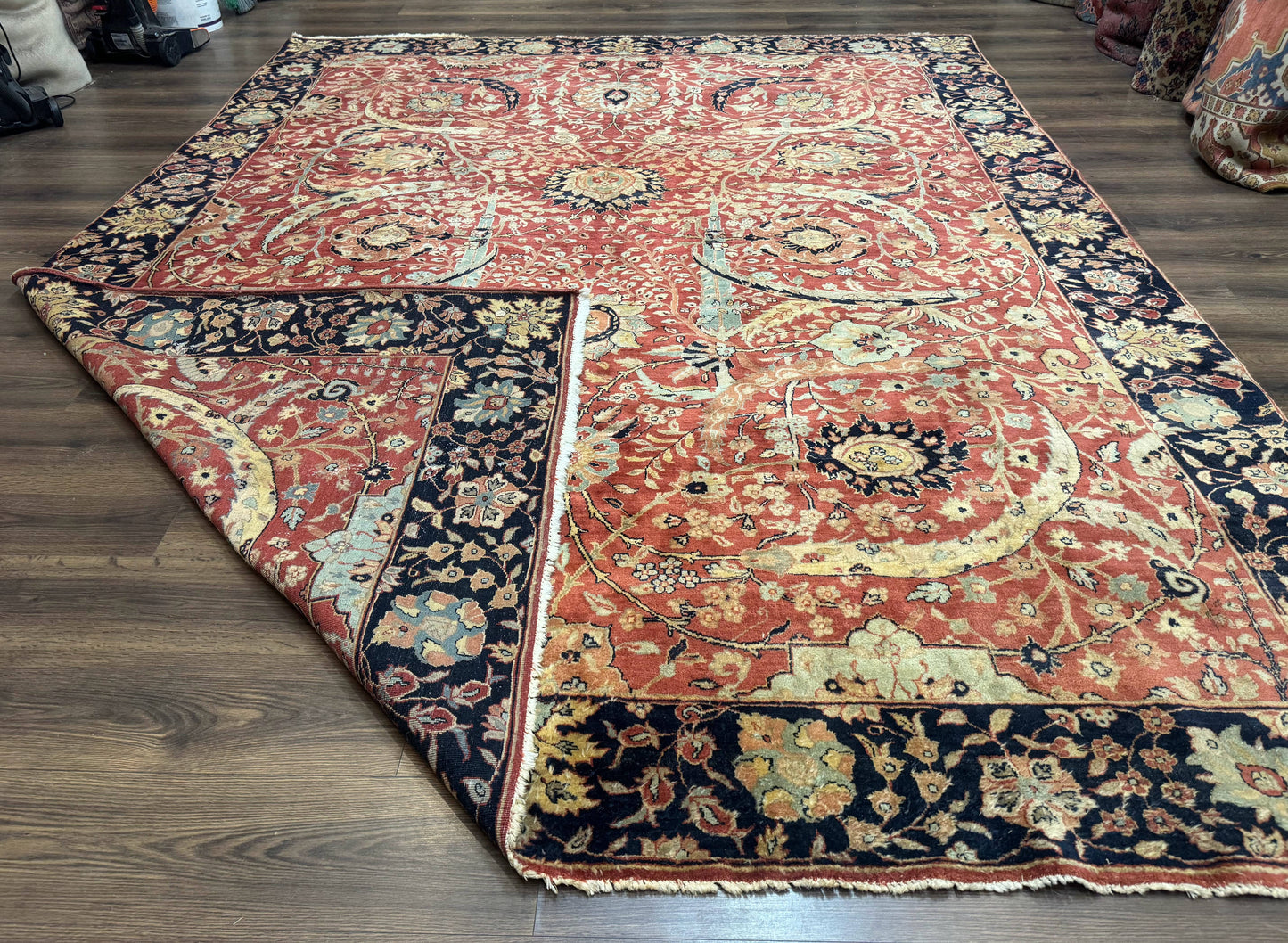 Indian Agra Rug 9x11, Terracotta and Navy Blue, Sickle Leaf Rug - Nuvé