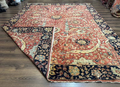 Indian Agra Rug 9x11, Terracotta and Navy Blue, Sickle Leaf Rug - Nuvé