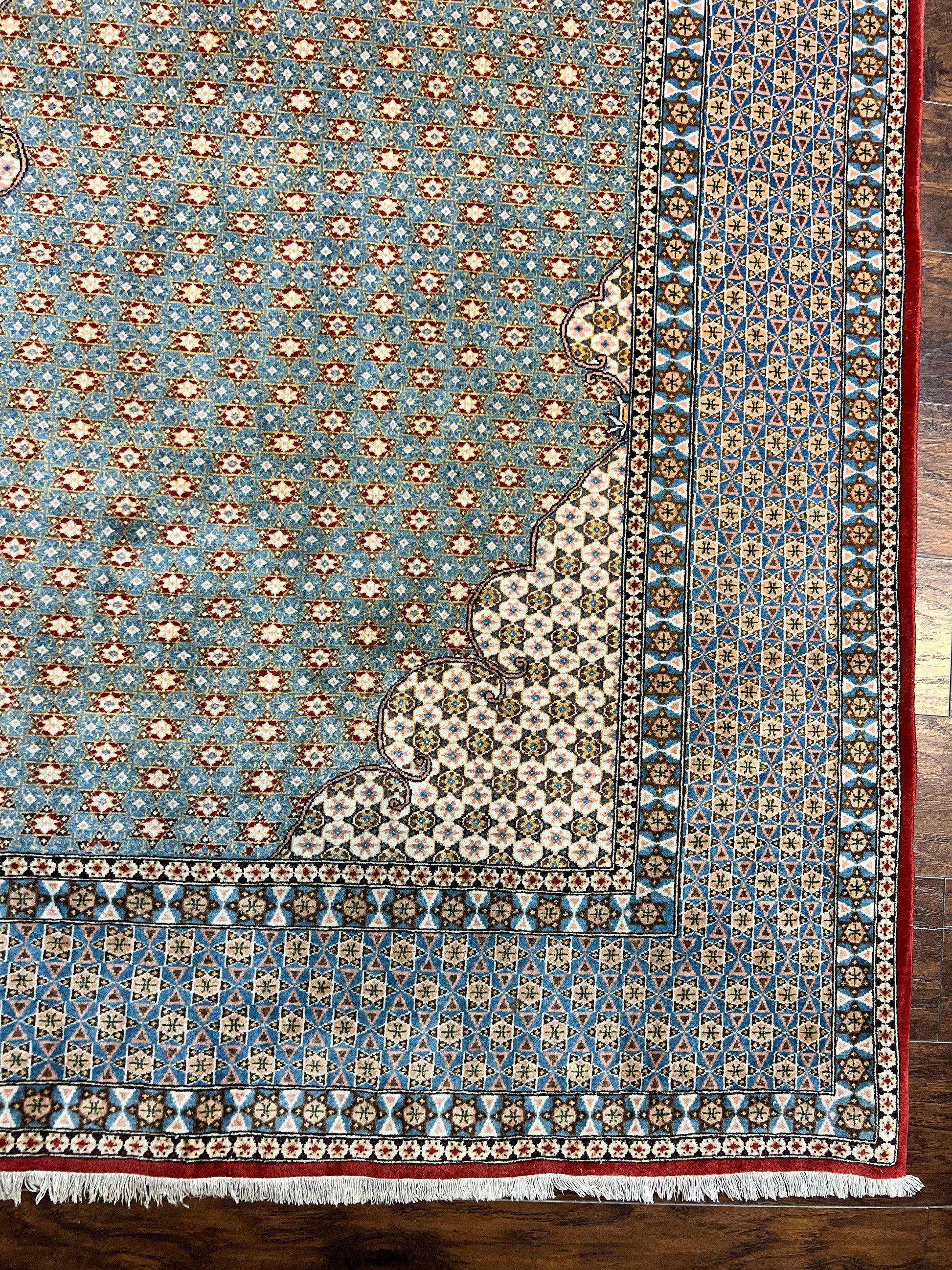 Rare Persian Rug 8x12, Qum Rug, Repeated Star Motifs, Blue and Ivory, Fine 300 KPSI, Hand Knotted Handmade Vintage Wool Rug - Nuvé