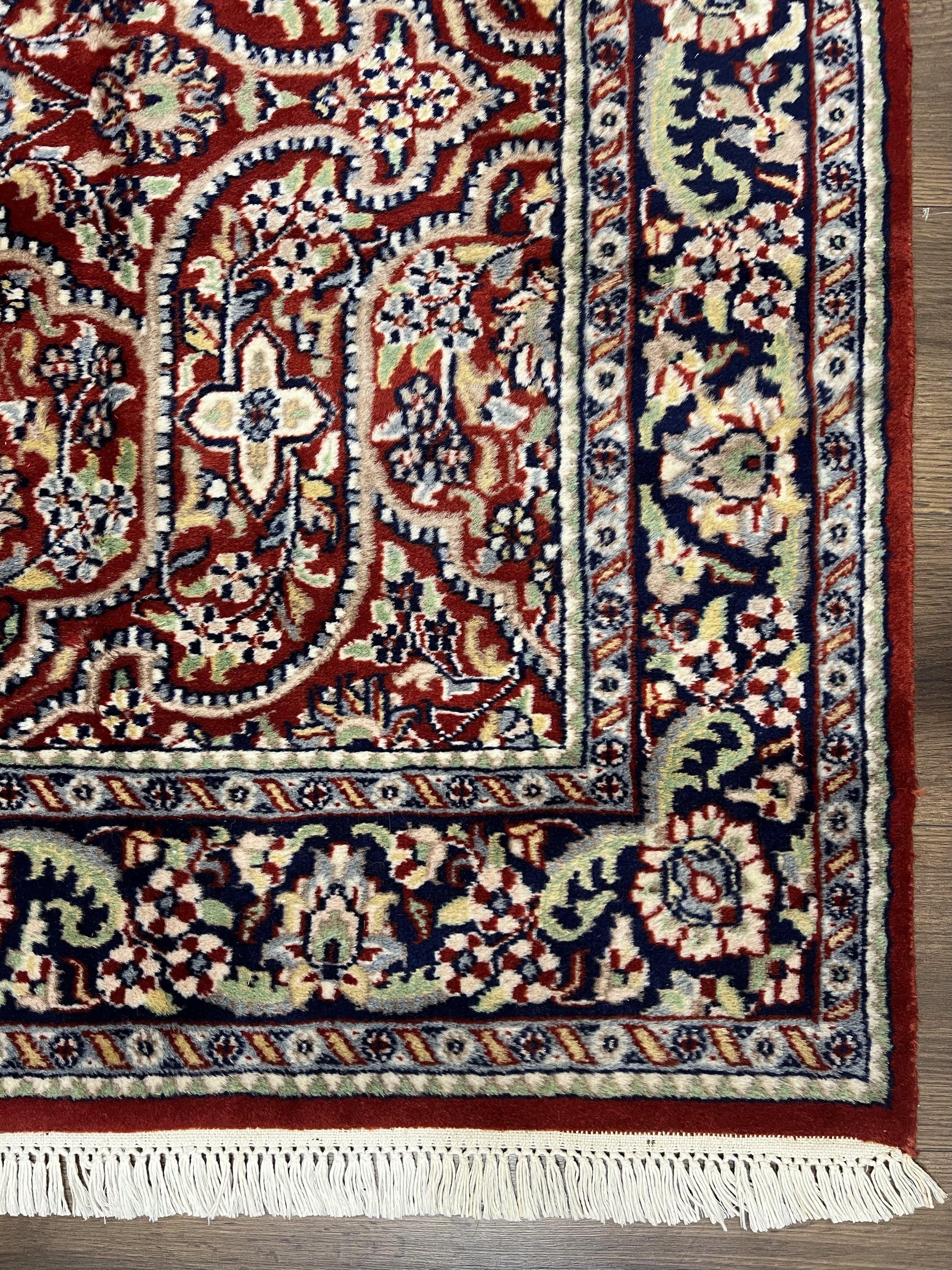 Indo Persian Rug 4x7, Allover Floral Oriental Carpet, Red and Navy Blue, Hand Knotted Indian Kashmiri Traditional Vintage Area Rug 4 x 7 ft - Nuvé