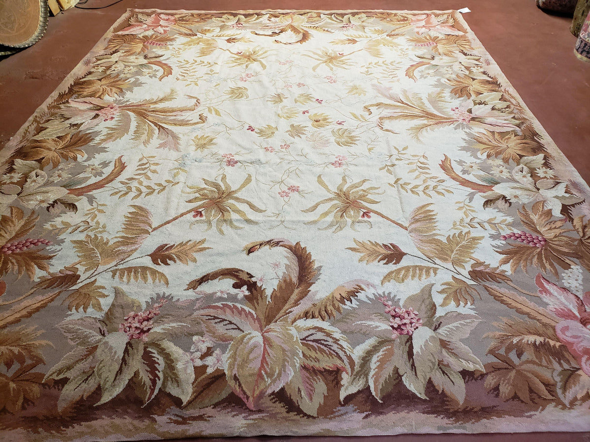 7' 7" x 9' 8" Needlepoint Rug Floral Beige Flat Weave Carpet 8x10 Handmade New Area Rug