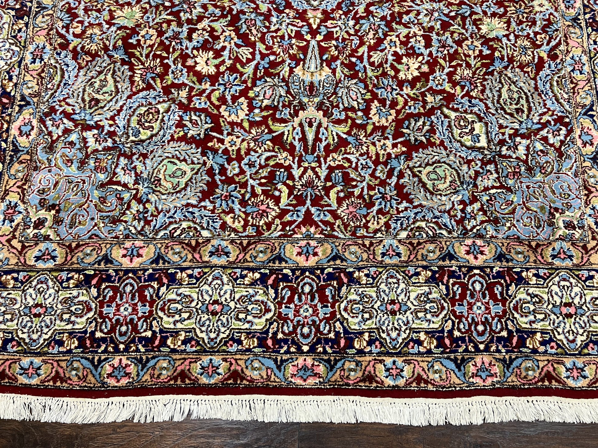 Persian Rug 7x10, Kirman Oriental Carpet 7 x 10 ft, Hand Knotted Wool Floral Medallion Semi Antique Persian Rug, Dark Red Light Blue Vintage - Nuvé