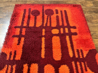 Danish Rya Shag Rug 4x6, Red Vintage Mid Century Retro Abstract Shag Rug - Nuvé