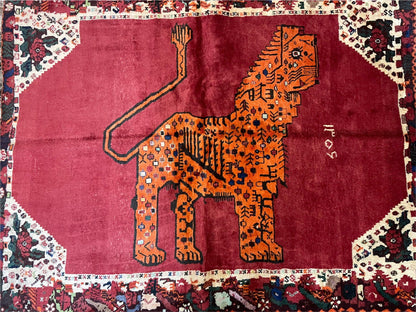 5 X 6 Handmade Rug Zagros Quality Wool Rug Lion Organic Dyes Red Leopard Tribal - Nuvé
