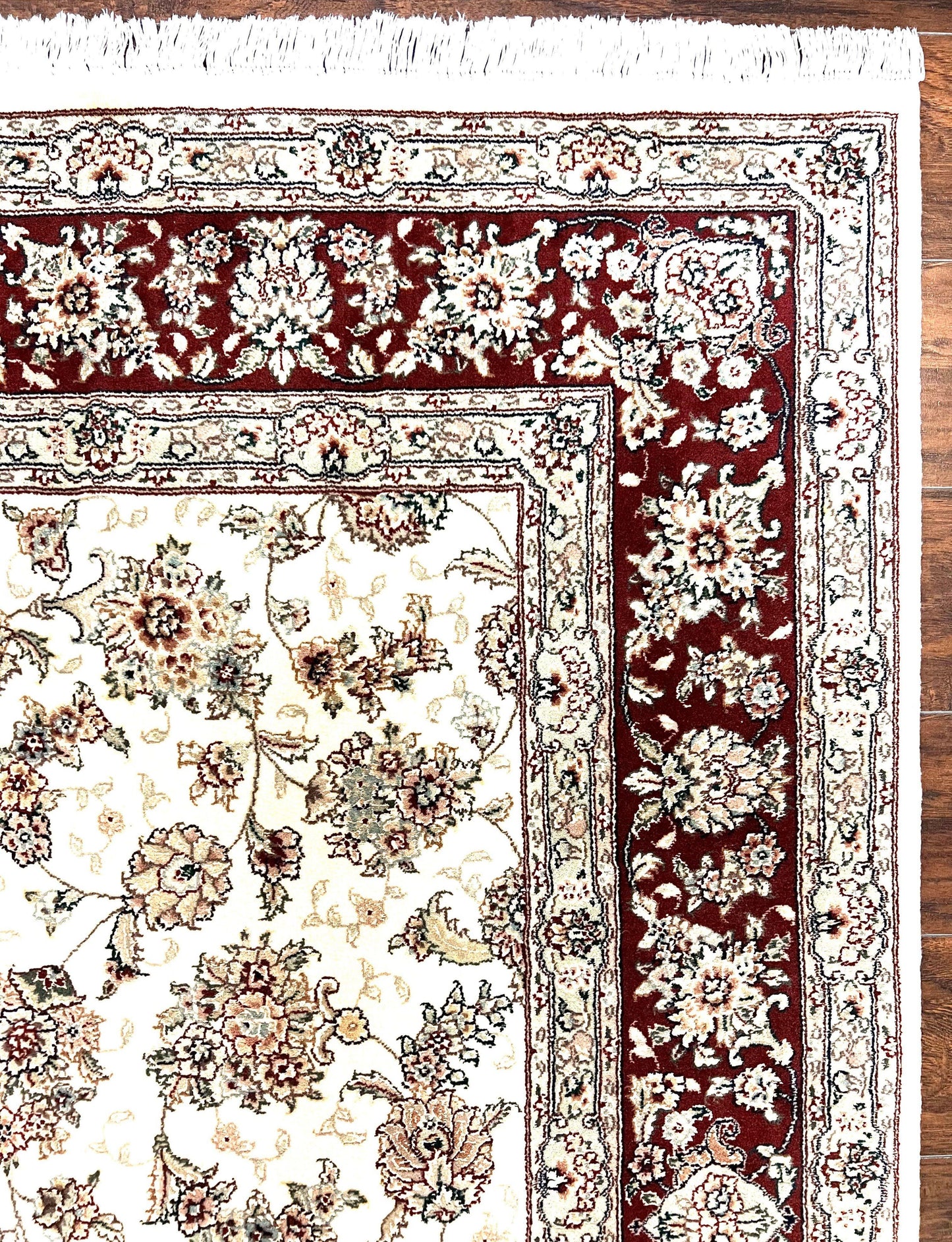 Pak Persian Rug 6x9, Floral Allover Carpet 6 x 9 ft, Cream and Maroon Hand Knotted Wool and Silk Fine Oriental Rug, Traditional Vintage Rug - Nuvé