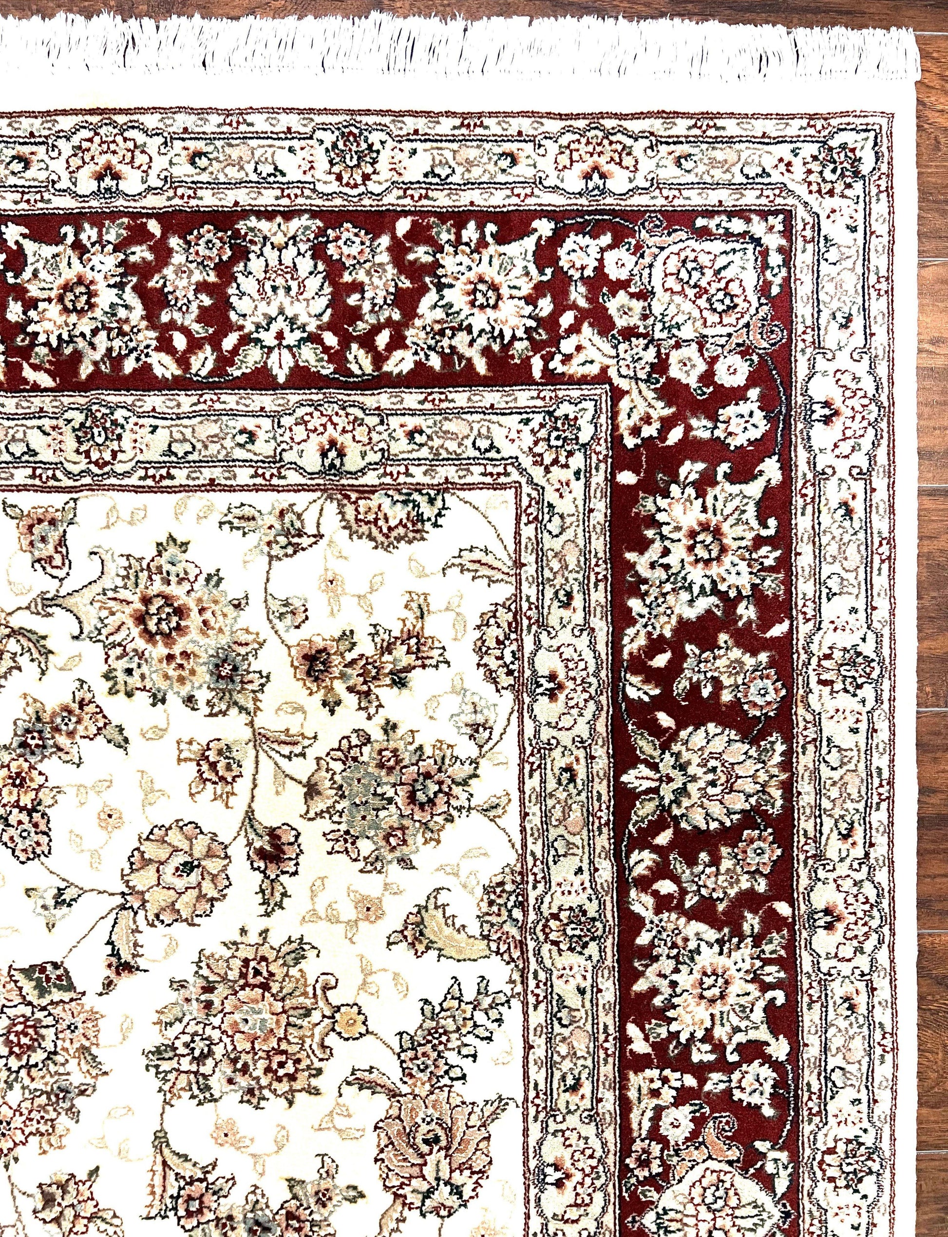 Pak Persian Rug 6x9, Floral Allover Carpet 6 x 9 ft, Cream and Maroon Hand Knotted Wool and Silk Fine Oriental Rug, Traditional Vintage Rug - Nuvé